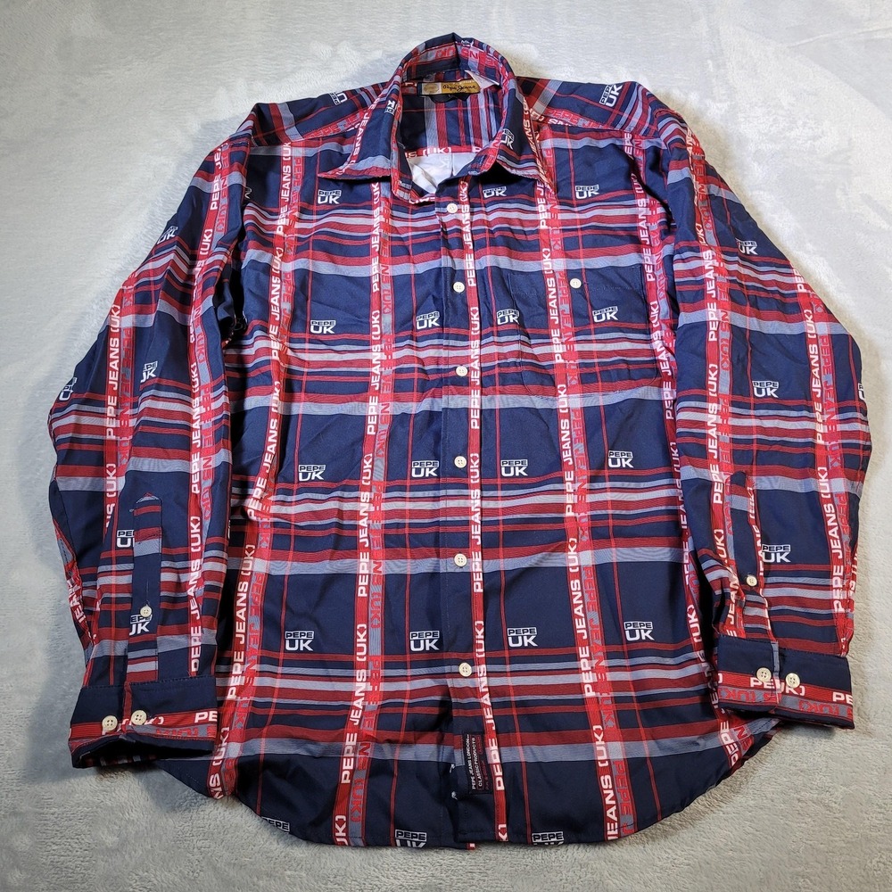 Vintage Pepe Jeans Shirt Mens Large Blue Red Plaid All Over Logo Button Up 90s
